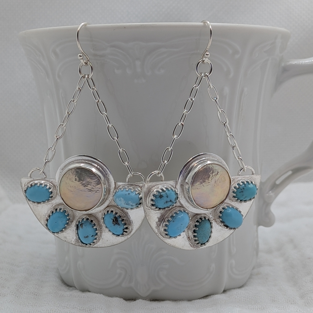 Savage Roots Sterling Silver, Turquoise & Pearl Earrings Festival Boho Wedding